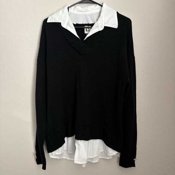 Anne Klein Black V-Neck Sweater with White Layered Collar - Picture 1 of 5